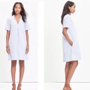 Madewell Blue White Striped Cotton Shirting Short Sleeve Front Pleat Dress SZ S